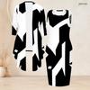 Women Plus Size Round Neck Two Piece Set Black White Geometric Printed Long Sleeve Cardigan Sleeveless Bodycon Dress