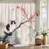 Black And White Shower Curtain With Kitten And Cherry Blossom Pattern, Machine Washable Polyester Fabric, Bathroom Decoration.