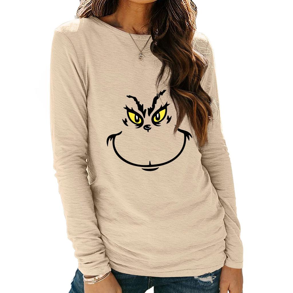 Women's Shirts Christmas Print Long Sleeve Round Neck Basic Loose Pullover Tee Top