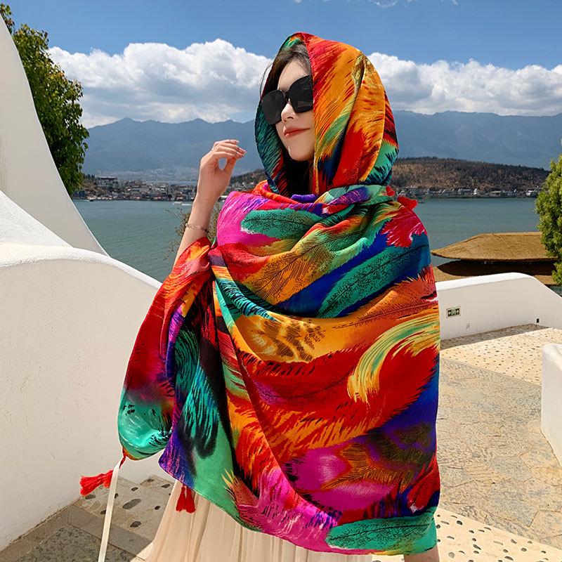 Ethnic Style Silk Scarf: Women's Sunscreen Shawl & Beach Towel
