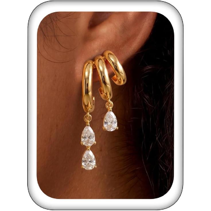 Triple Huggie Stacked Earrings for Women Gold Chain Drop Dangle Earrings Cute Statement CZ Earrings Trendy Dainty Jewelry Gift
