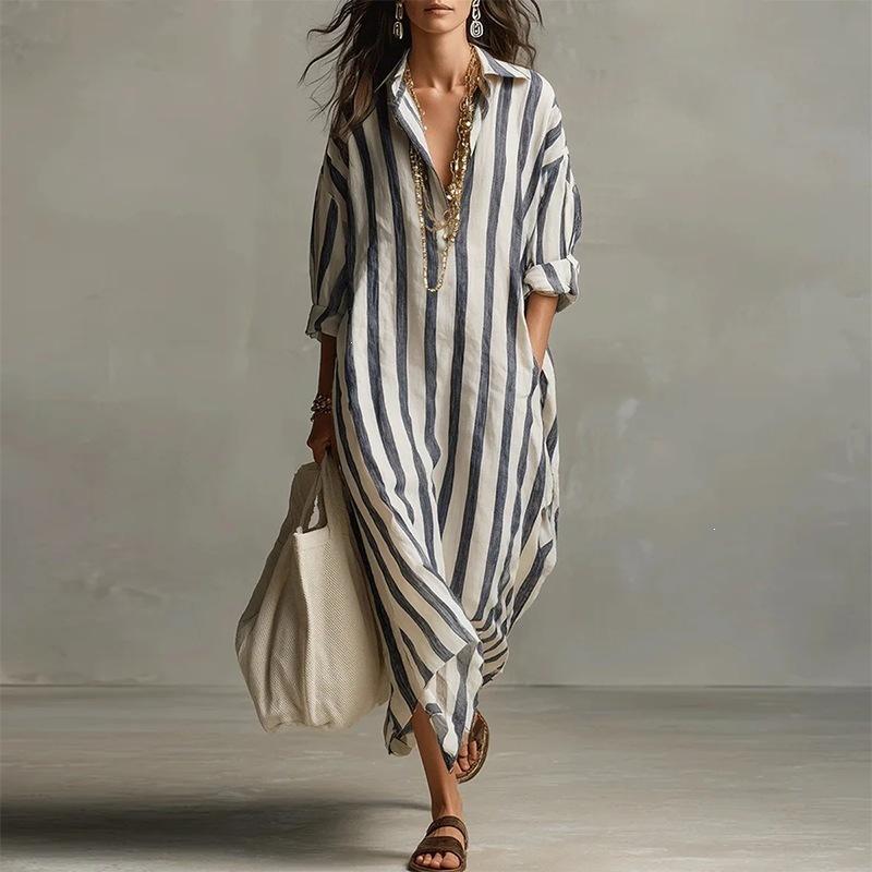 New Spring Women's Clothing, European and American Dresses, Commuting Loose V-neck Striped Printed Dress