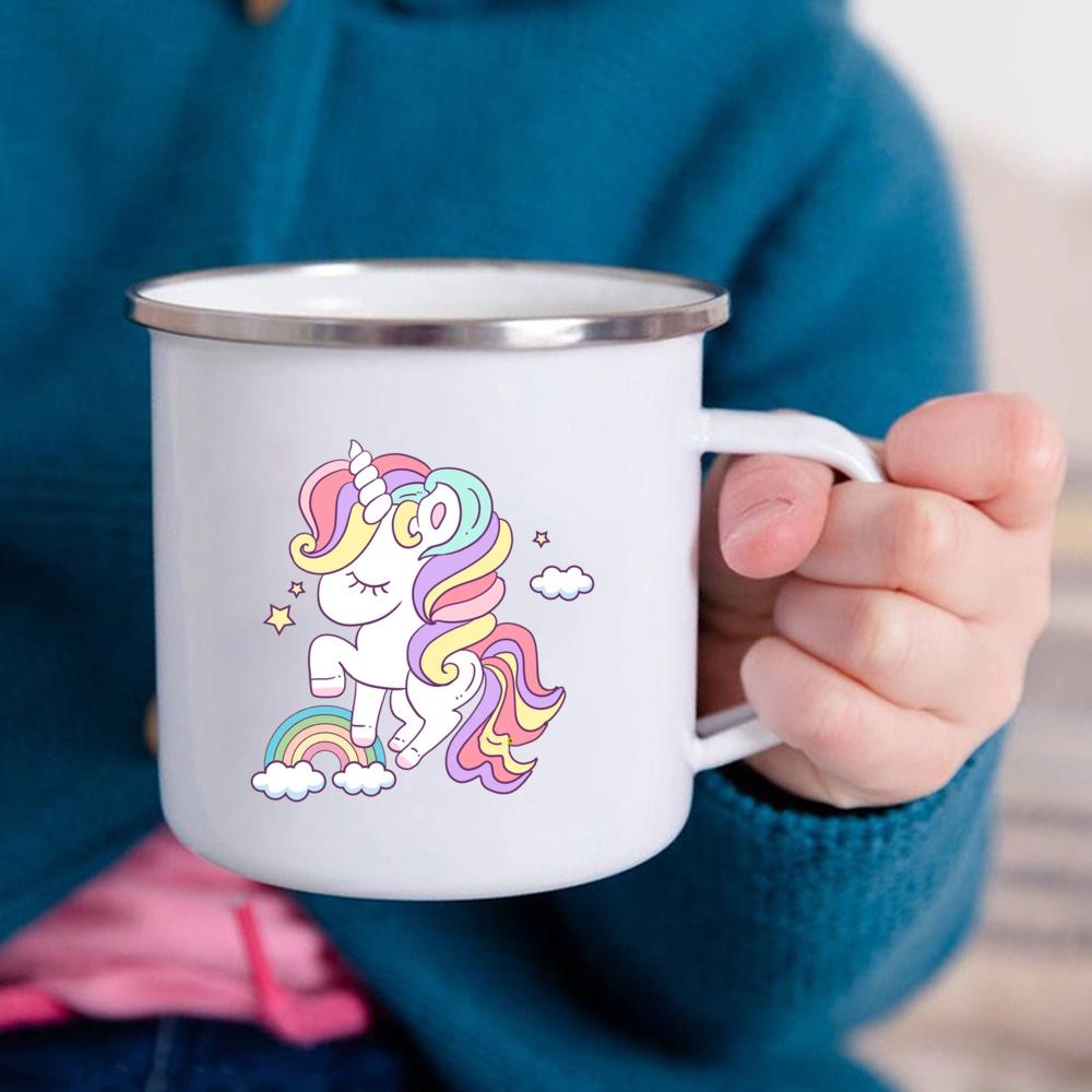 Cartoon Unicorn Printed Creative Mug Water Juice Drinks Milk Cup Enamel Mugs Handle Drinkware Kids Birthday Children's Day Gift