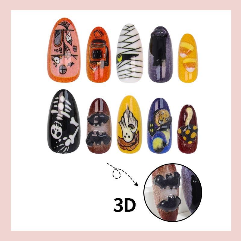 Halloween 3d Embossed Bat Ghost Skull Press On Nails For Women