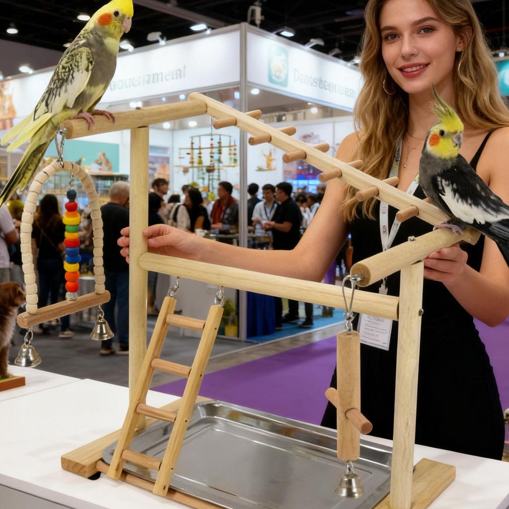 Bird Perch Stand Wooden Swings Ladders Toys With Removable Stainless Tray And Cup Parakeet Playground For Standing Chewing