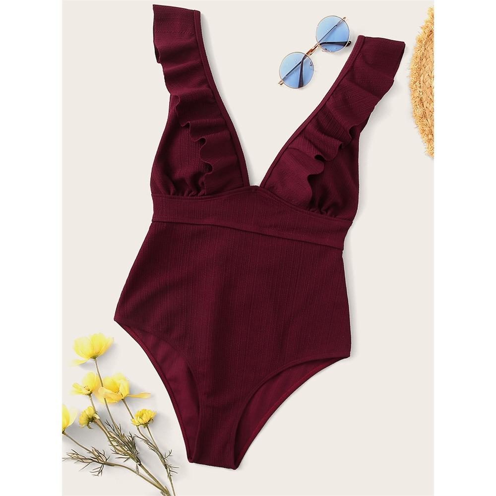 European and American One-piece Ruffle Edge Swimwear Three-dimensional Striped Sexy Swimsuit