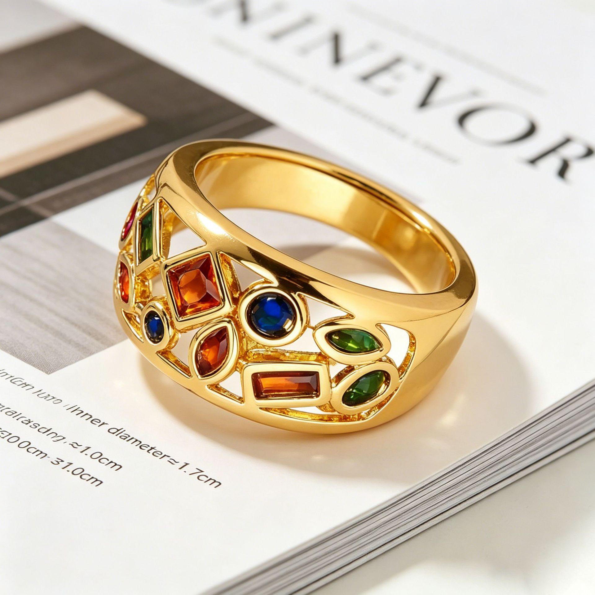 Yan Bai Elegant Gold Ring with Colorful Zircon and Copper Inlay - Retro Design Size 7