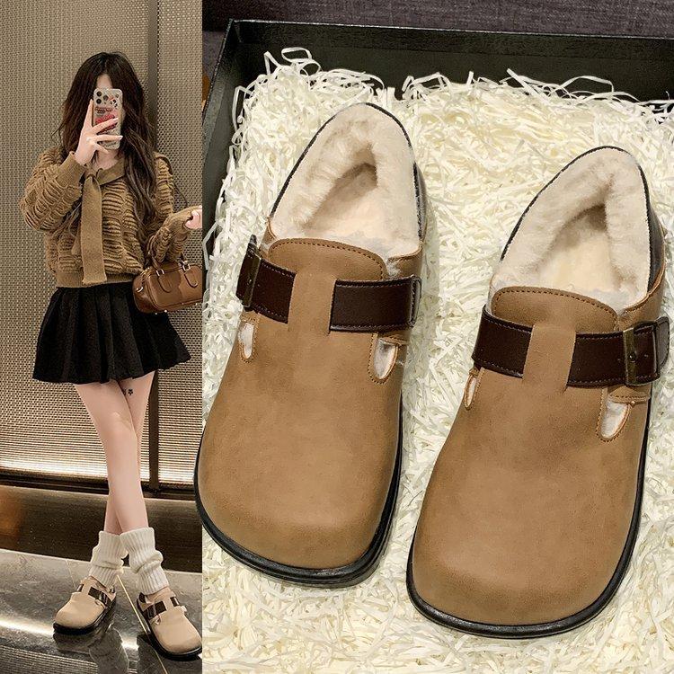 Fleece Boken shoes women's 2025 new autumn and winter women's shoes fleece retro one-pedal lazy single shoes fluffy shoes