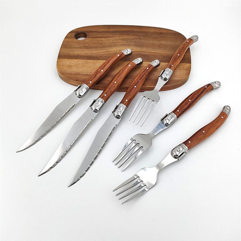 Plastic Wood Grain Handle Laguiole Steak Knives Forks Western Dinnerware Food Knife and Fork Set Stainless Steel Cutlery 6pcs
