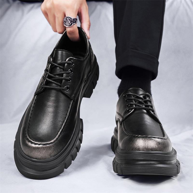 Leather shoes men's autumn new leather business casual shoes men's thick soles increase height, light and non-slip black derby shoes
