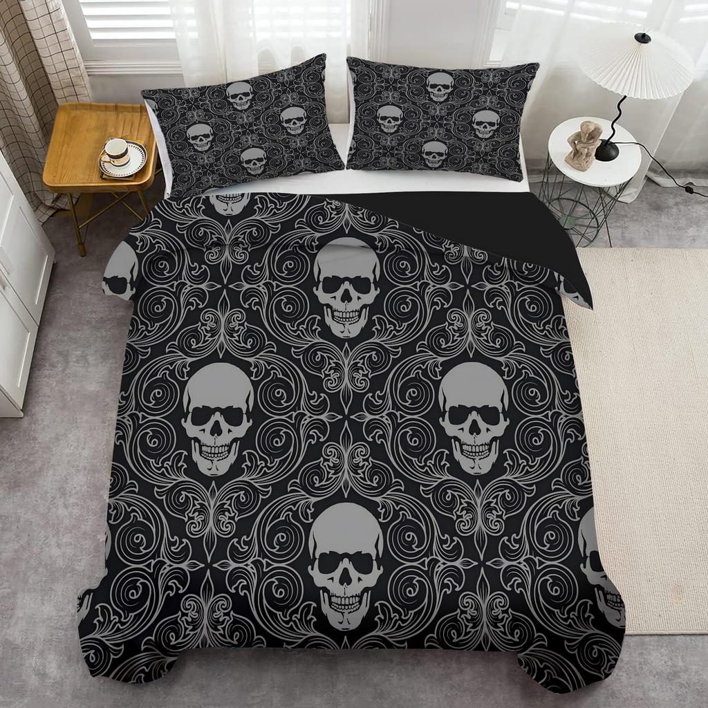 Skeleton Flower Pattern Print Duvet Cover Halloween Gothic Style Bedding Set Pillowcase Soft Comfortable Polyester Quilt Cover