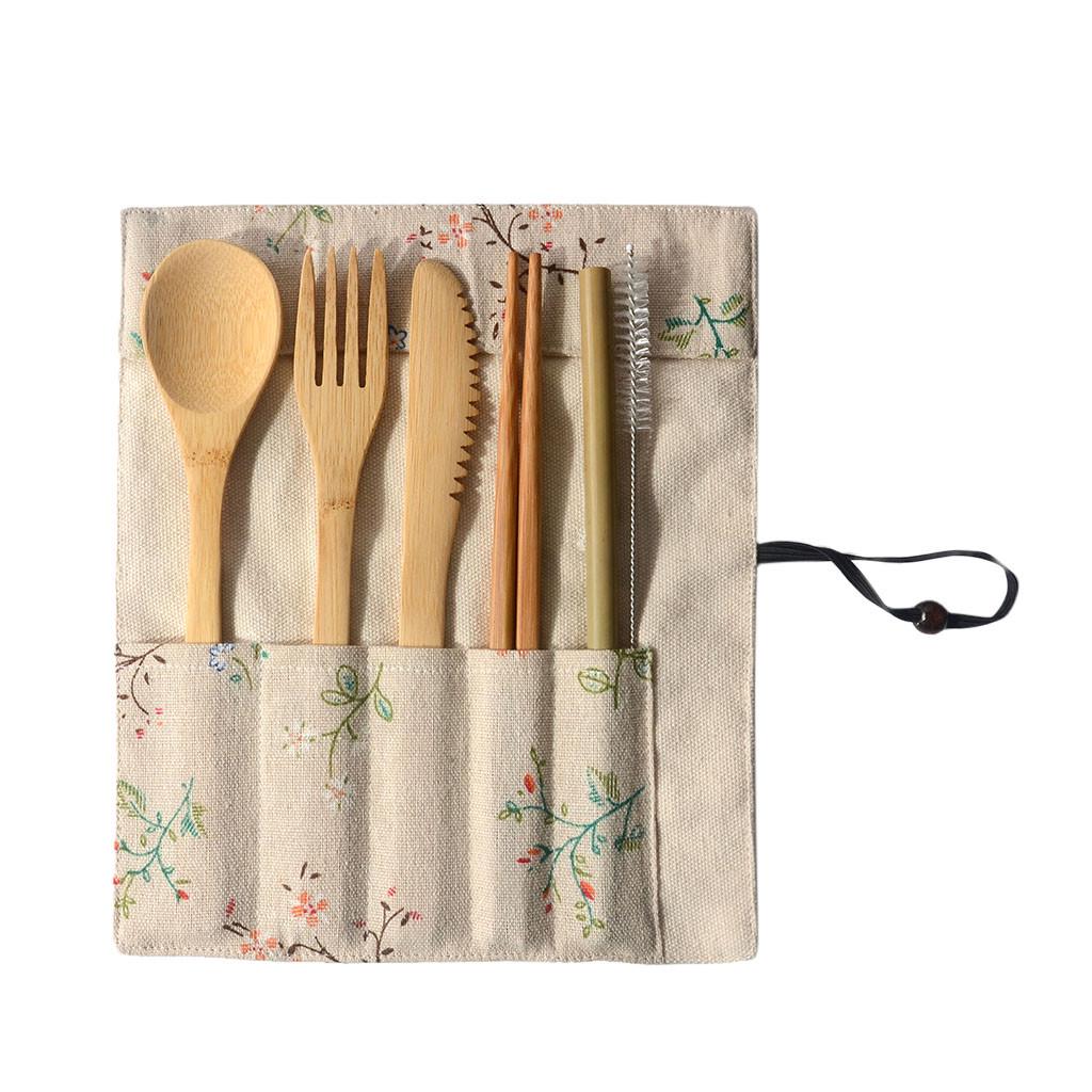 Portable Cutlery Travel Eco-friendly Fork Spoon Set Include Reusable Bamb