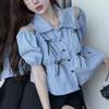 Ladies' Off Shoulder Shirt Turndown Collar Bubble Sleeve Bow Design Famale Button Up Stripe Shirts Fashionable Comfortable Women's Top