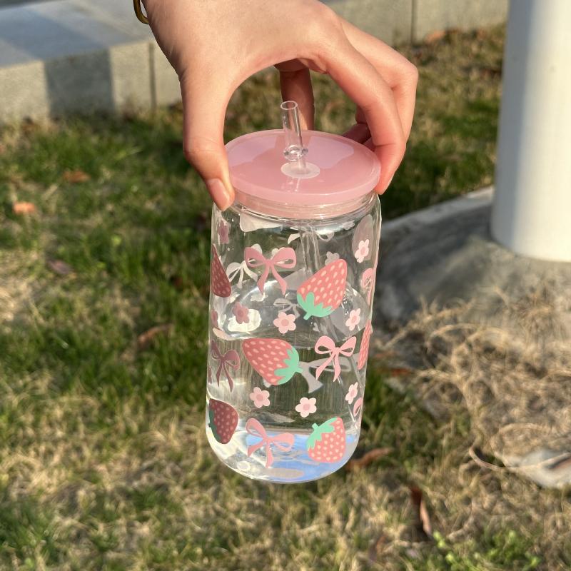 Sklenice s mašlí Roztomilý hrnek na vodu Kreslený hrnek se sklenicí s mašlí Pruhovaný Roztomilý Doodle Kávový hrnek Domácí Ovocný čaj Limonáda Dívčí dárek