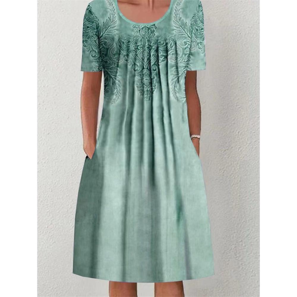 QICED 30 Farben Plissiertes Midi-Kleid Kurzarm Rundhalsausschnitt Weiter Saum Mittlere Wadenlänge Damen Floral A-Linie Partykleid Freizeitkleidung