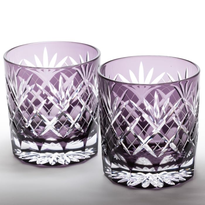 Glass Studio Saiho Edo Kiriko Shochu GlassRocks Glass, Old Purple, with Sword and Arrow Design, Made in Japan, Wooden Box, Gift Wrapping Available