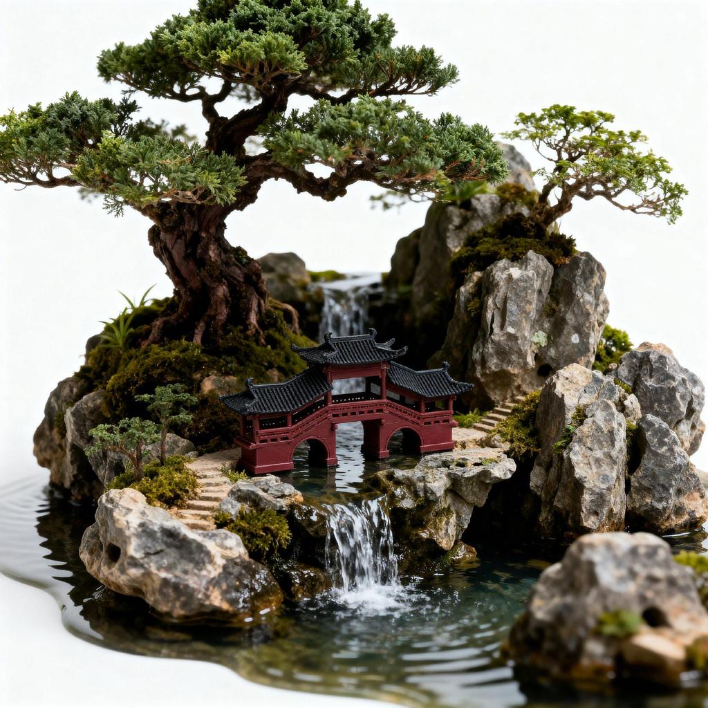 Micro-landscape Bonsai Rockery with Water-absorbing Stone and Ancient Architecture Ornaments