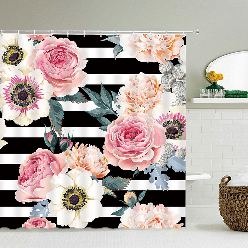 Black White Stripes Flowers Butterfly Pattern Shower Curtain 3D Bath Screen Waterproof Fabric Bathroom Decor Shower Curtains