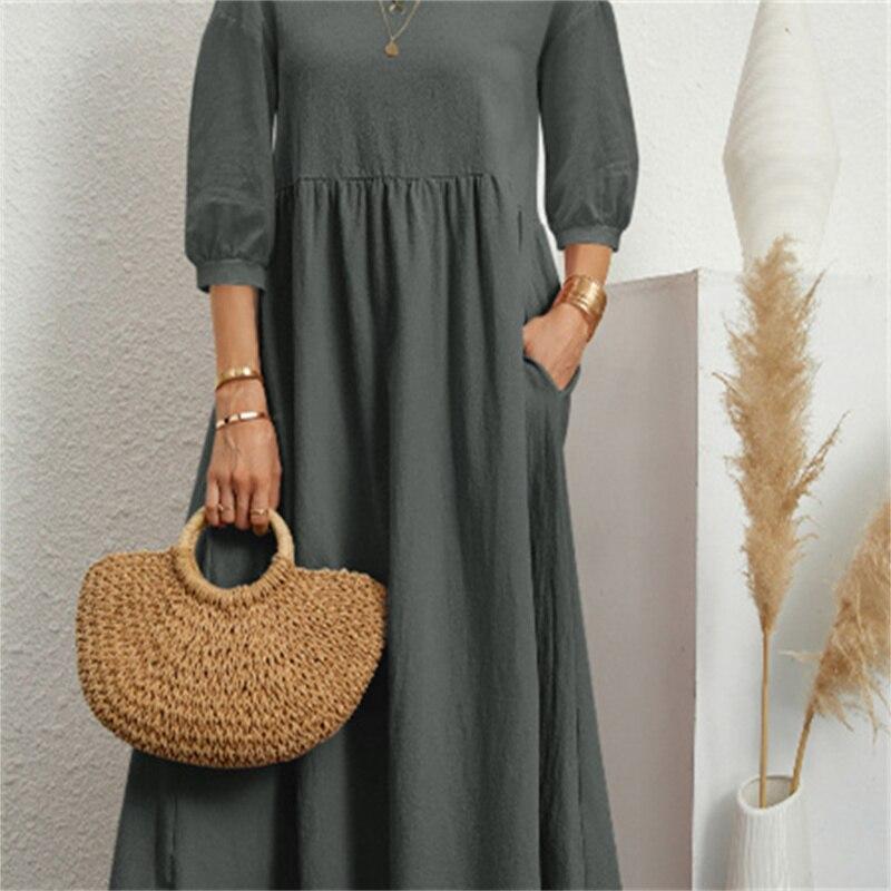 2022 Summer Cotton Linen A-line Maxi Dresses Woman Robe Femme Ladies Elegant Fashion Vintage Loose Solid Women's Dress For Women