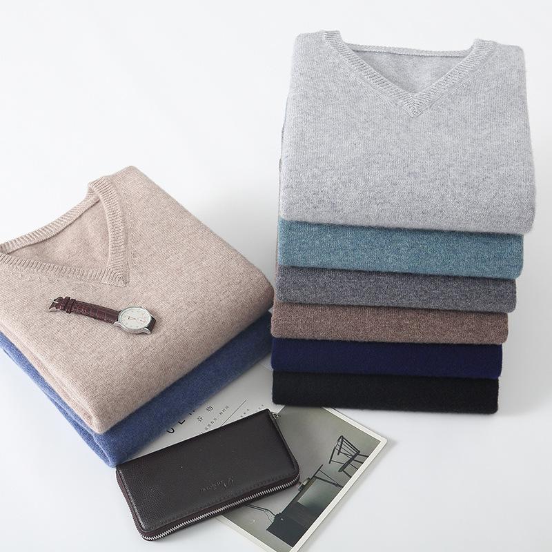 Men's 100% Wool V-Neck Sweater - Solid Color, Loose Fit, Long Sleeve Knitwear