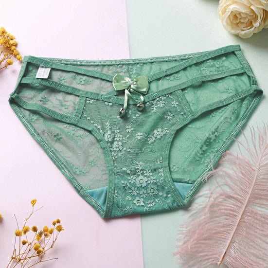 Sexy Embroidery Flower Lace Briefs See-through Solid Color Bowknot Bell Decor
