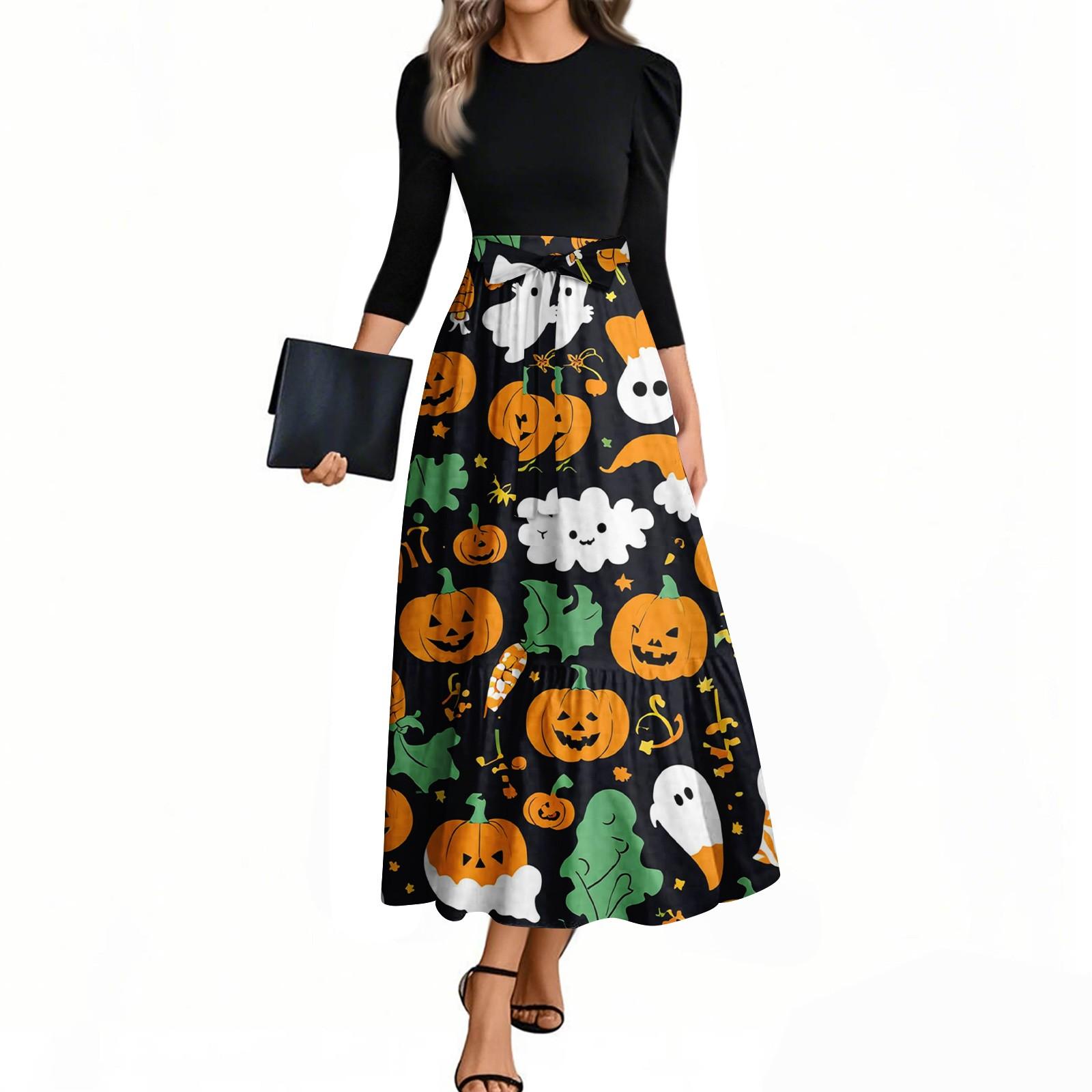 

Женские модные повседневные платья с поясом, рукавом три четверти, круглым вырезом, с принтом на Хэллоуин, элегантные, с темпераментом XL
