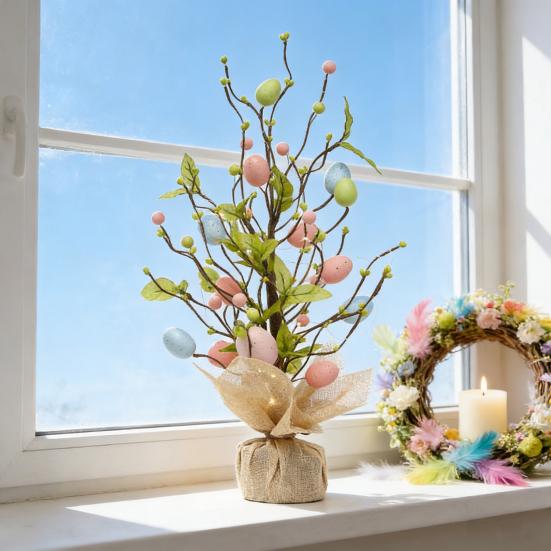 Pre-lit Easter Egg Tree with Burlap Base Battery Powered Easter Birch Tree with LED Light Tabletop Centerpiece for Home Table Spring Party Decoration