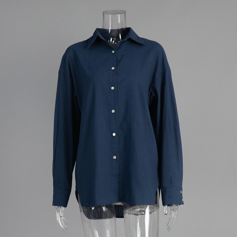 Women's Oversized Button Down Shirt Loose Fit Point Collar Long Sleeve Solid Cotton Blouse