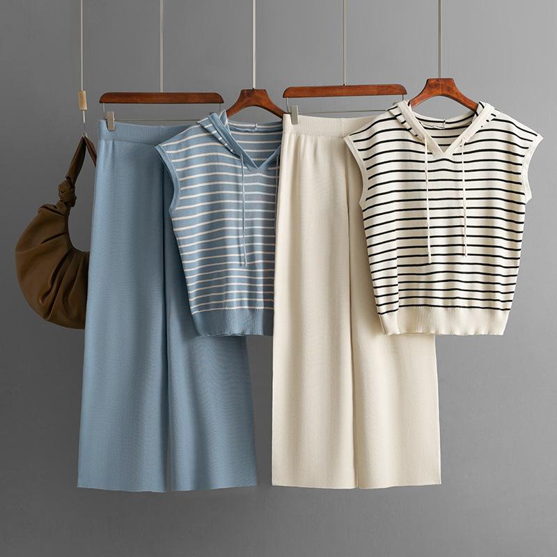 Fashion Set Women's Summer Sleeveless Hooded Striped Knitted Top High Waist Wide Leg Pants Two-piece Set