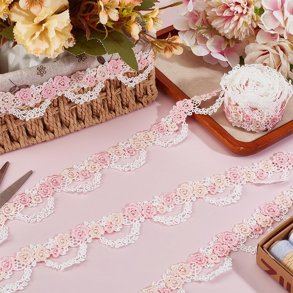 

MAYJOYDIY 5 Yards Pink Rose Flowers Embroidered Lace Trim 1.5inch Wedding Floral Appliques Sewing Craft White Vine Lace Edge Ribbon for Hat Dresses