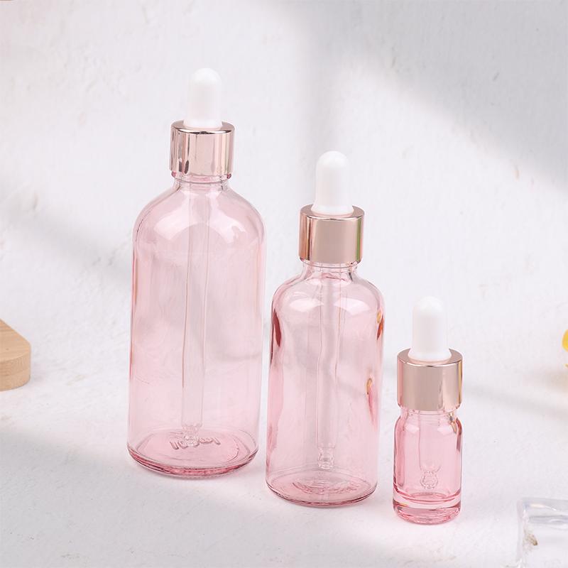 Dropper Bottles Refillable 5-100Ml Rose Lid Cosmetic Container Pink Glass Aromatherapy Liquid Pipette For Essential Massage