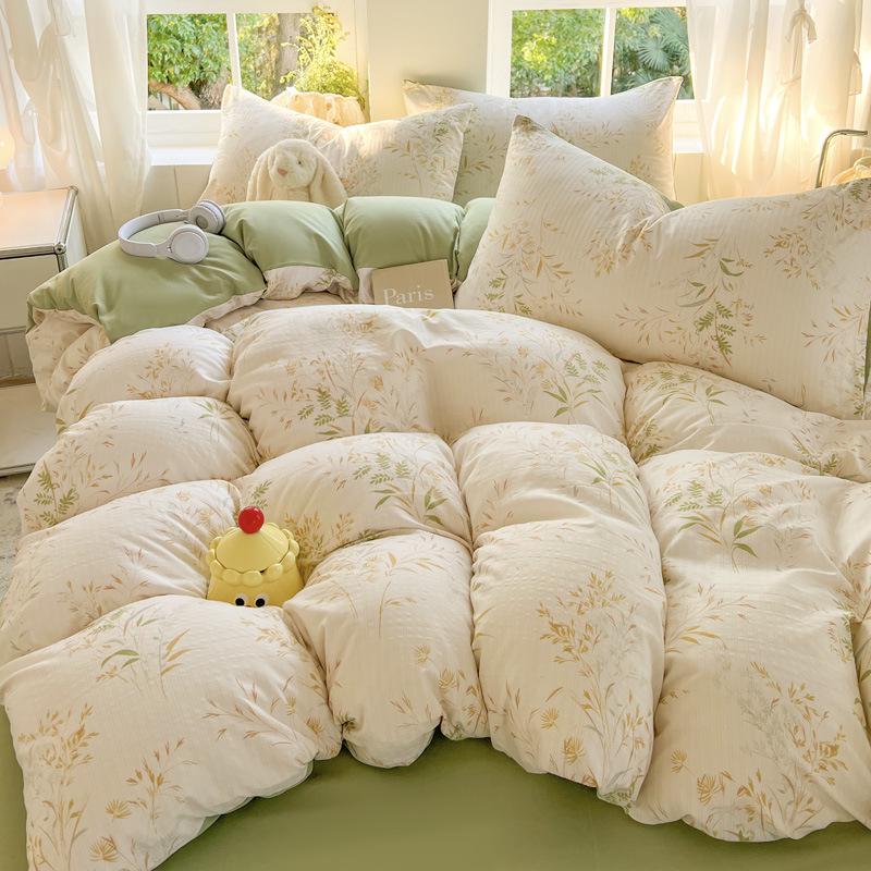Class A Fresh Four-Piece Set: Washed Cotton Bed Sheet & Duvet Cover with Double Layer Gauze - Home Bedding Collection