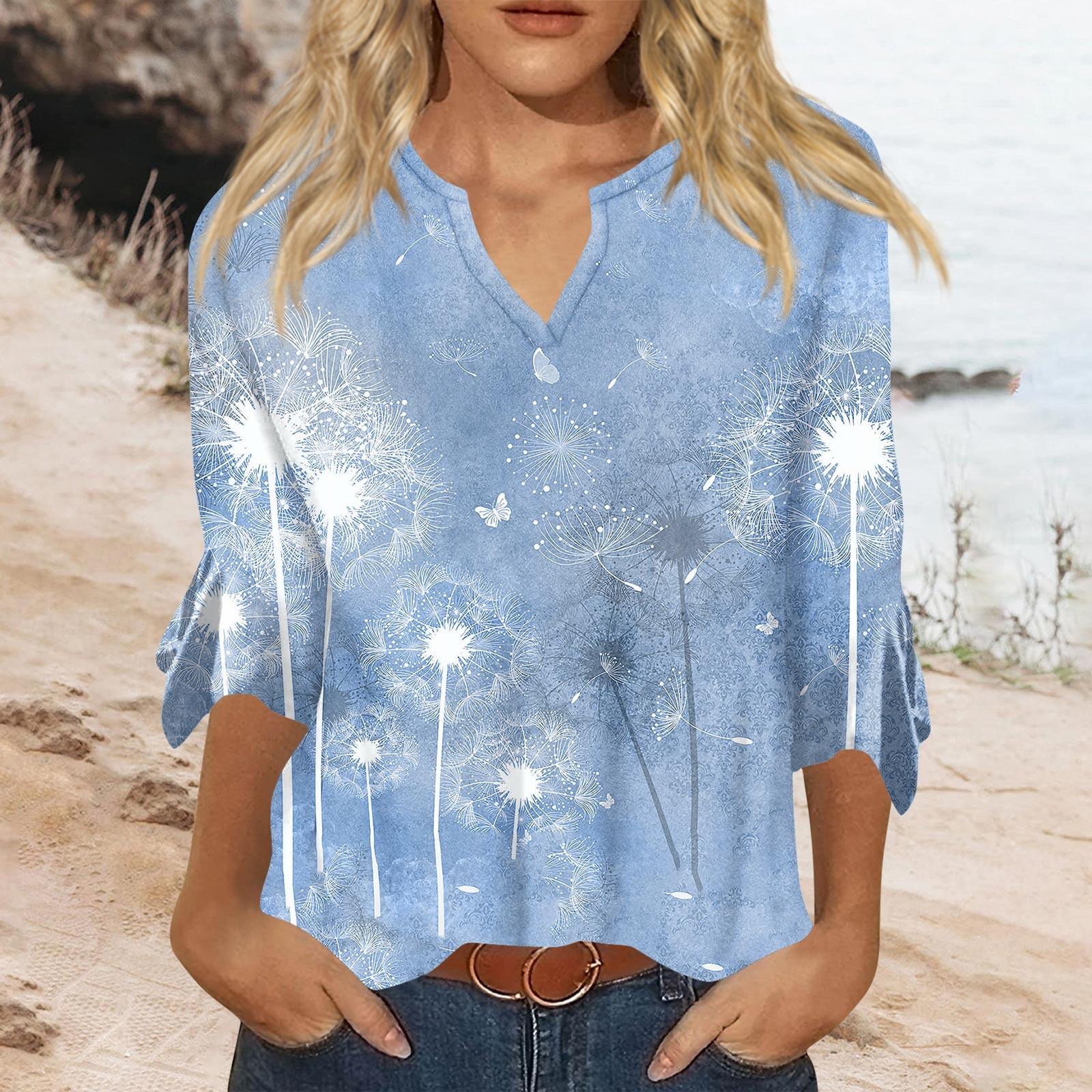 

Women s Top Loose Casual V-neck Printed Blouses Bell 3/4 Sleeve T-shirt L