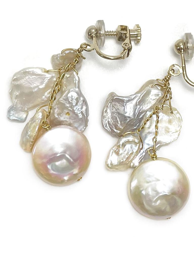 Freshwater Pearl Coin Petal Earrings with Silicone Natural Power Stone A1037 [Cherry] Cover, Stone,