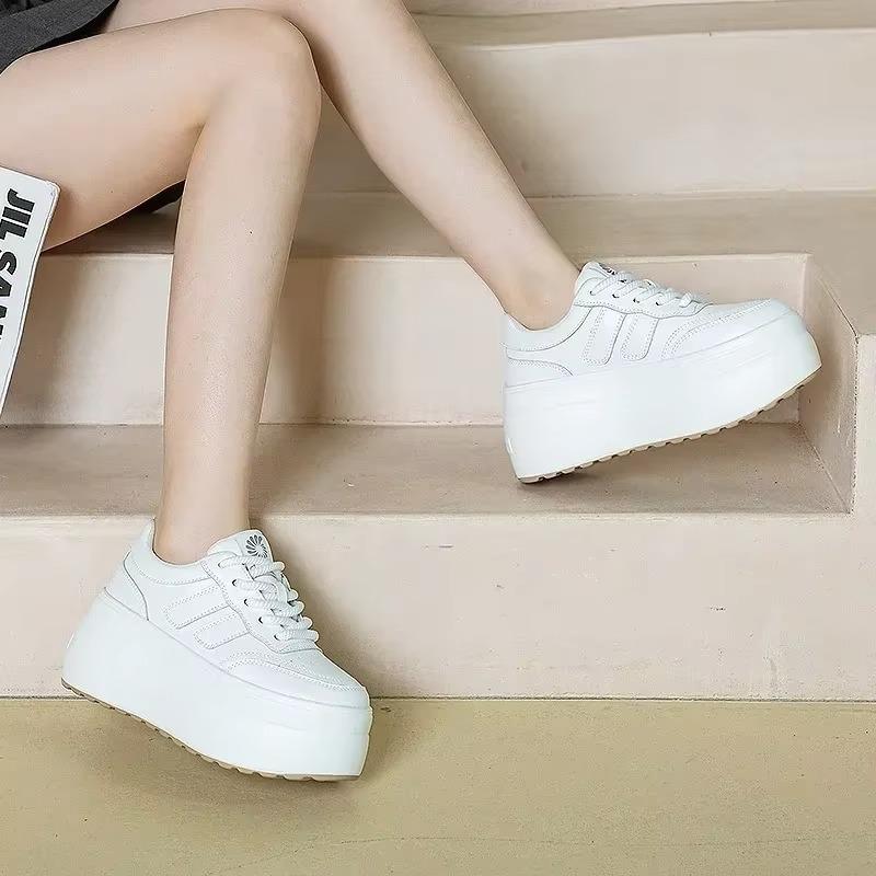 Fashion 8CM Trend Leather Women Synthetic Chunky Sneakers Spring Skateboarding Casual Platform Wedge Female Autumn Vulcanize Shoes