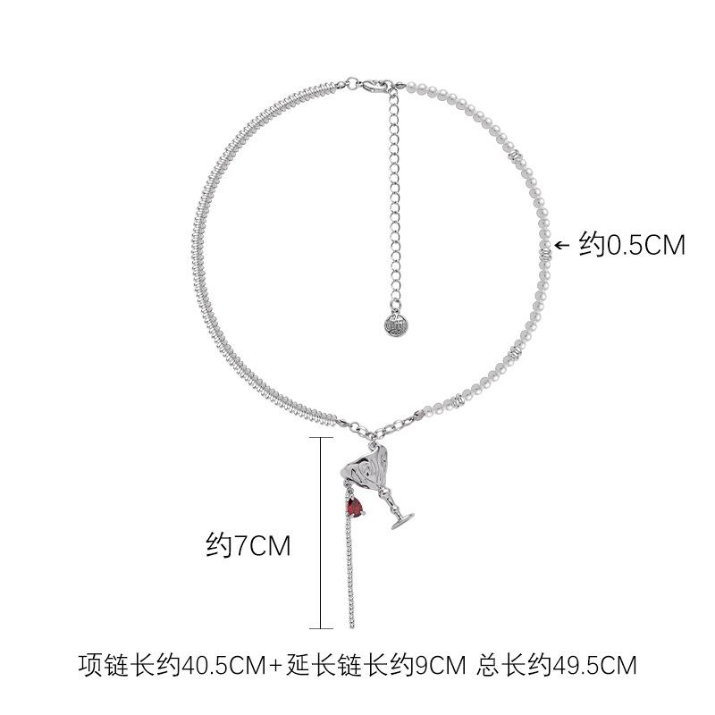 Red zircon fringed wine glass necklace light luxury cold wind collarbone chain high sense pearl jewelry wholesale
