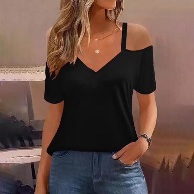 Women's Fashion Loose Solid Top V-neck Off Shoulder Short Sleeve T-shirt