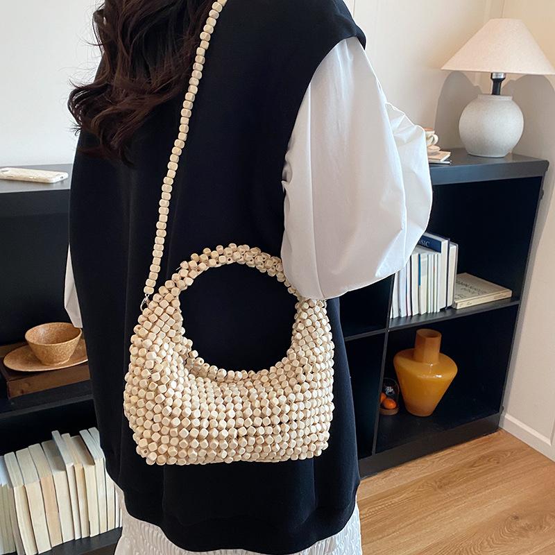 Holzperlen gewebte Knödeltasche Damen Sommer handgefertigt Umhängetasche lässige Strandtasche minimalistisches Design Reisehandtasche