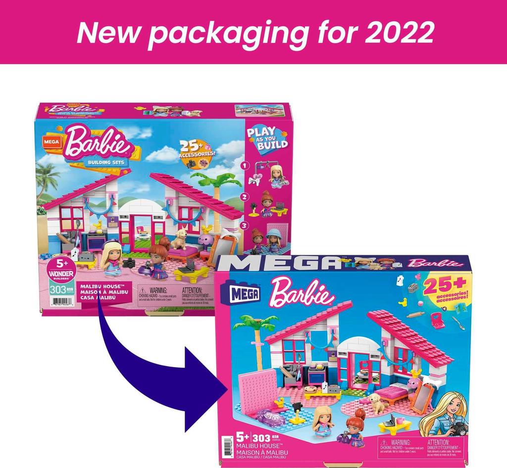 MEGA CONSTRUX Barbie Malibu House Building Blocks Set (Ages 5 and Up) 303 Pieces GWR34 Pink