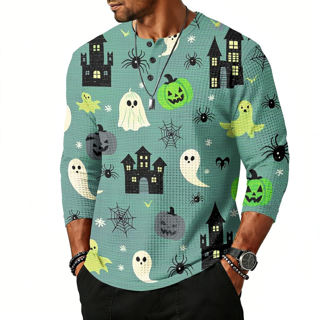 Men's Casual Raglan Sleeve Henley Shirt Three Quarter Sleeve Lightweight Breathable Top with Floral Graphic Print for Everyday Wear