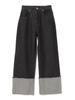 Pants Turnback Wide Denim Pants BLACK S [Beams Heart] (S-M) Women's