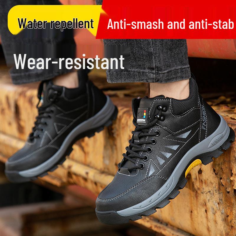 Men's High-Top Safety Shoes: Anti-Smash, Anti-Puncture, Warm Velvet Lining, Ideal for Long Standing, Autumn/Winter Ready.