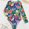 New European and American One-piece Swimsuit Women's Sexy Halter Crew Neck Swimsuit Fashionable Conservative Surf Print Long-sleeved Swimsuit