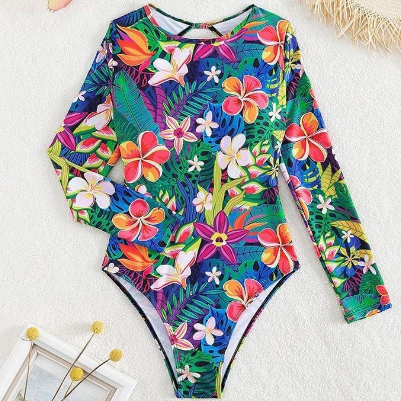 New European and American One-piece Swimsuit Women's Sexy Halter Crew Neck Swimsuit Fashionable Conservative Surf Print Long-sleeved Swimsuit