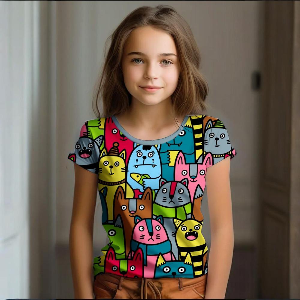 Girl Clothes Summer Cartoon Cat Graphic Children's Clothing  Doodling Short Sleeve O-Neck Top