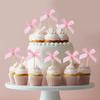 12Pcs Pink Bow Cupcake Toppers Kids Girls Birthday Party Cake Topper Decoration Baby Shower Wedding Bachelorette Party Supplies