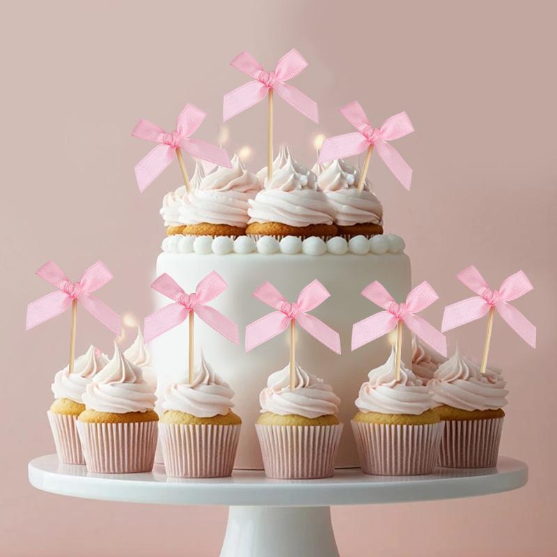 12Pcs Pink Bow Cupcake Toppers Kids Girls Birthday Party Cake Topper Decoration Baby Shower Wedding Bachelorette Party Supplies