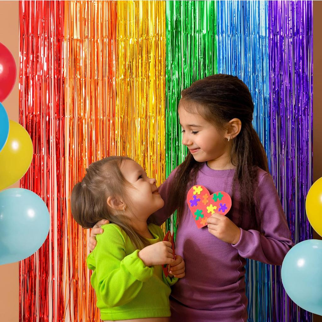 2 Pack Rainbow Foil Fringe Curtains Rainbow Party Decorations 3.3x6.6ft Tinsel Metallic Streamers Holiday Photo Booth  for Party