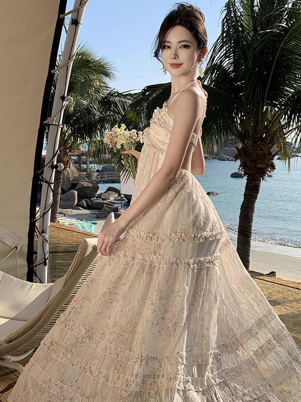 Floral French Halter Backless Summer Maxi Dress for Women