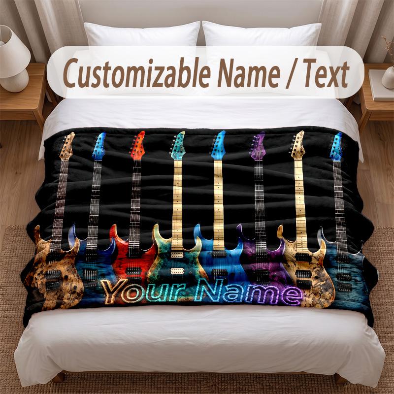 Music Guitar Theme Soft Blanket Personalized Custom Name Text Print Warm Blanket Home Sofa Bedroom Decor